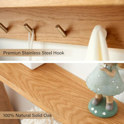 Wall Hooks with Shelf Oak Wood Coat Rack Shelf Wall Mounted, Entryway Shelves with 5 Metal Hangers for Clothes Hats Towel for Bathroom, Bedroom, Living Room (Natural, 20 inches) - size: 20 inches