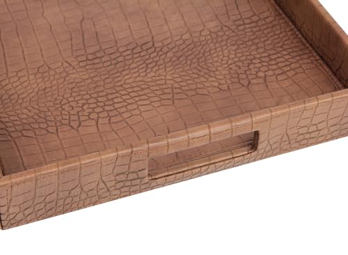 HofferRuffer Rectangle Serving Tray with Hole Handles for Coffee Table, Breakfast, Tea, Food, Butler - Countertop, Kitchen, Vanity Serve Tray, 16.2 x 12.2 x 2 inches, Faux Leather (Antique Brown) - color: Antique Brown