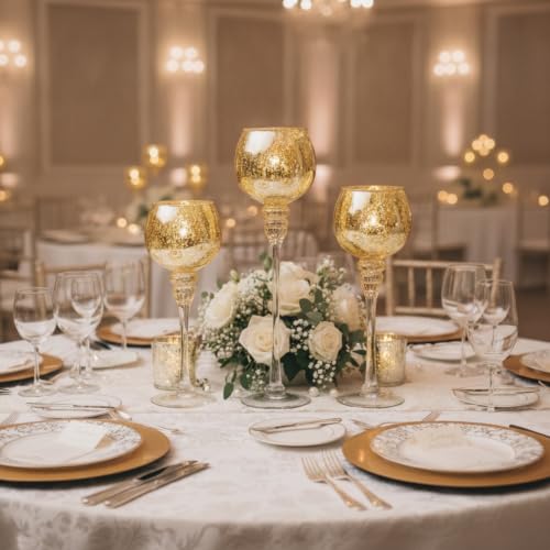 Glass Tealight Candle Holder: Gold Mercury Crackle Candle Holder | 9/10/12 Inch Tall, for Floating & Votives, Long Setm Vintage Decor for Wedding, Party, Christmas, Dining Table, Set of 3 - color: Gold