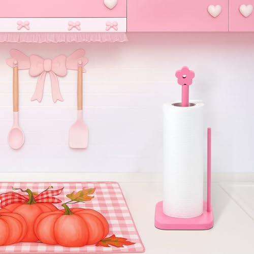 Leinuosen Pink Flower Paper Towel Holder Coquettish Cute Flower Wooden Paper Towel Holder Pink Bathroom Countertop Accessories Kitchen Roll Stand Organizer Standing Apartment Decor Housewarming Gift - style: Flower
