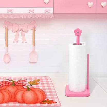 Leinuosen Pink Flower Paper Towel Holder Coquettish Cute Flower Wooden Paper Towel Holder Pink Bathroom Countertop Accessories Kitchen Roll Stand Organizer Standing Apartment Decor Housewarming Gift - style: Flower