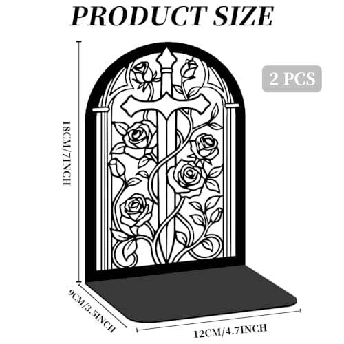 Bookends for Shelves, 2 Pcs Rose Flower Sword Design Book Ends Metal Decorative Bookends for Home Office and Library, Black - style: Rose and Sword