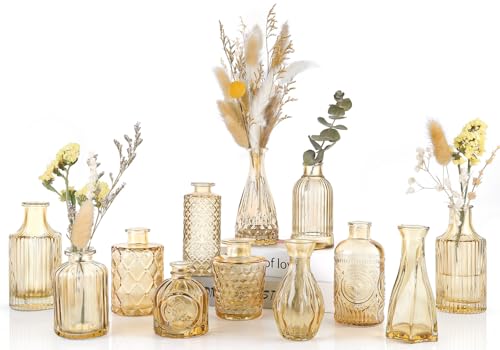 UPBUD Amber Gold Glass Bud Vases Set of 12, Small Vases for Flowers | Mini Bud Vases in Bulk for Wedding Decorations, Vintage Vase for Table, Recepetion, Home Décor - color: Standard-gold Amber, size: 12pcs