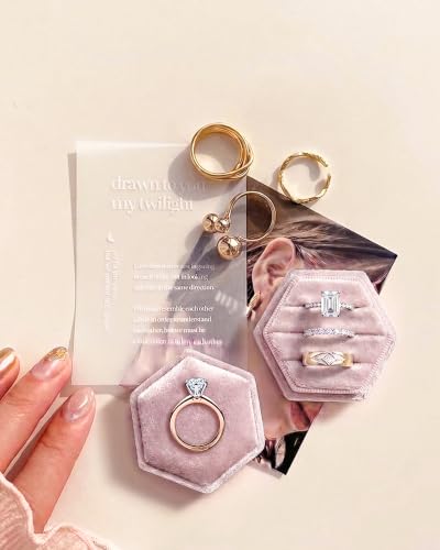 Velvet Jewelry Ring Box, 3 Slots Hexagon Engagement Wedding Ring Holder for Wedding Ceremony Proposal - color: Blush Peach
