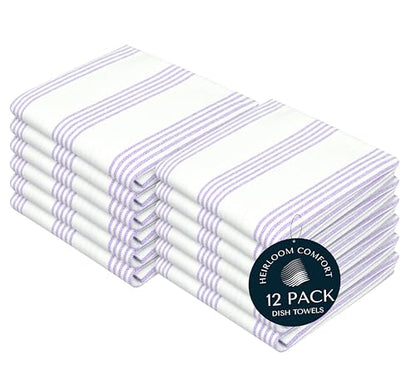 Lavender Stripe Kitchen Towels, 12 Pack, 100% Cotton, Super Absorbent and Quick Dry, Multi Pin Striped Towel Set, Durable Dish Cloths for Kitchen Use, Cleaning & Drying Dishes - color: Lavender, style: 12 Pack