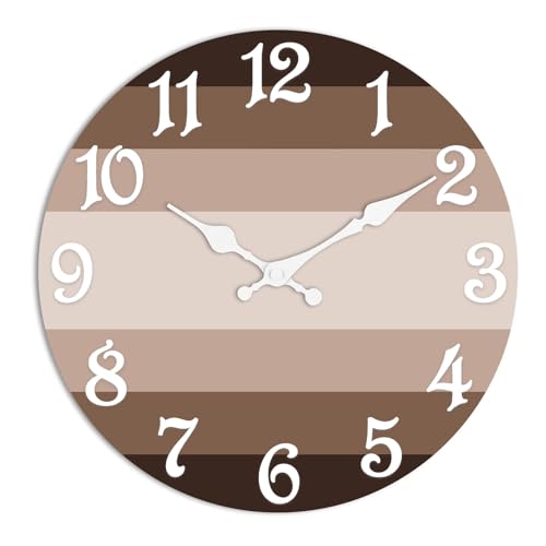 Round Wall Clock Silent Non-Ticking 8", Striped Brown | Battery Operated Clock Home Decor for Living Room, Kitchen, Bedroom, and Office - color: Rustic Farmhouse Coastal, size: 8in