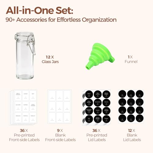 ComSaf Small Glass Spice Jars with Airtight Lids 4 oz 12 Pack with Labels | Seasoning herbs powders, Salt pepper chili, Spice rack cabinet organization, Small size, Funnel included, DIY crafts gifts - size: 4oz*12