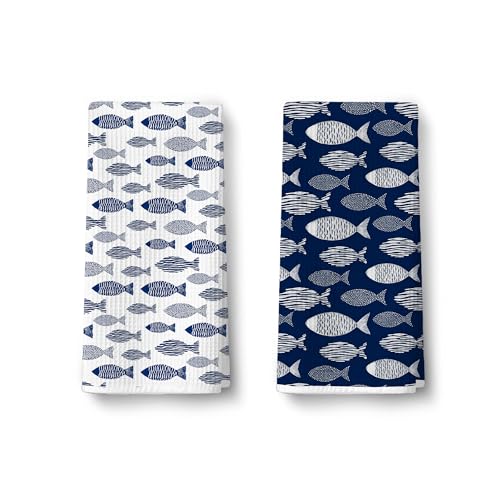 2 Pack Shoal of Fish Coastal Hand Towels for Bathroom - Nautical Navy Blue Bath Hand Towels for Guest, Fish Ocean Beach House Coastal Bathroom Decor, Beach Gifts for Women Men063 - color: Ccolor005