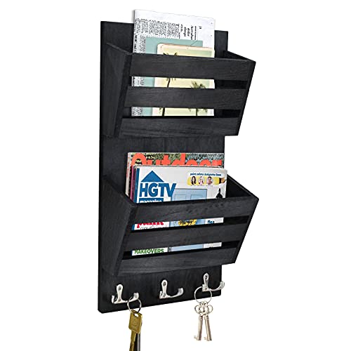 Unistyle Rustic Mail Organizer Wall Mount with 4 Key Hooks,Mail Holder Wall Mounted，Hanging Mail Organizer,Letter Holder for Wall,Key Hanger for Letter, Magazines, Keys, Dog Leashes - color: Black