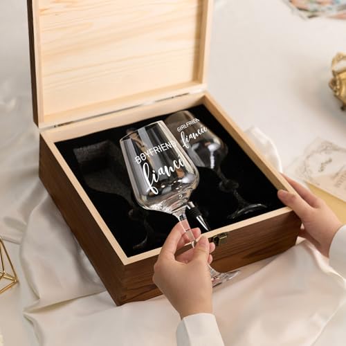 AW BRIDAL Engagement Gifts for Couples Fiance and Fiancee Wine Glasses Set | Engaged Wine Glasses with Wine Stopper & Wood Keepsake Box, 2026 Wedding Gifts for Newlyweds, Bride to Be Gifts for Women - style: Fiance/Fiancee