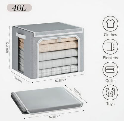 Yecaye Stackable Clothes Storage Bins with Lid, Grey, 40L, 6 Pack | Metal Frame, Foldable, Clear Window & Zippers & PU Leather Handles - color: Grey, size: Medium(6 Pack)