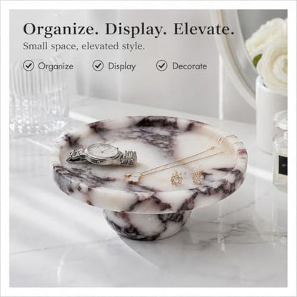 Marble Pedestal Tray, One-of-a-Kind Marble Veining, Decorative Display Riser for Coffee Table, Bathroom Vanity & Kitchen Counter, Stand for Candles, Perfume & Jewelry, Timeless Luxury