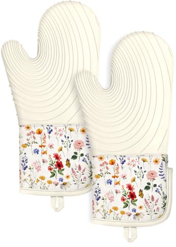 Slohif Long Silicone Oven Mitts Heat Resistant for Women - 2 Pcs Red Flower 100% Cotton Oven Gloves, Non-Slip and Waterproof Silicone Oven Mitts with Hanger for Baking and Cooking - color: White Red