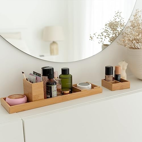 Bamboo Vanity Tray Set, 6-Piece Bathroom Organizer for Small Items | 14.9-Inch Long, Modular 6-Piece Set for Makeup, Jewelry and Small Items on Bathroom, Kitchen or Desk Counters