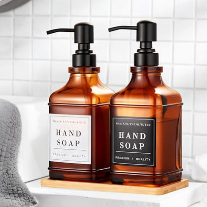 Amber Dish and Hand Soap Dispenser,Set of 2 * 16.9oz | Glass Soap Dispenser with Black Pump,Tray,Funnel,500ML Countertop Soap and Lotion Dispenser for Kitchen, Bathroom, Shower - color: Ks-5070c-28y-2b