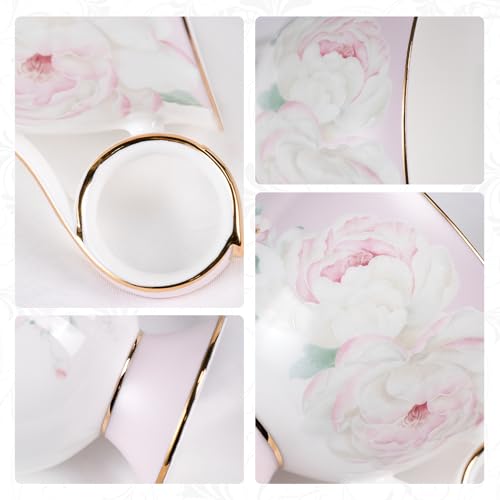 KAMMAK Tea Cups Set of 2,Ceramic Floral Pattern Demitasse Cup | Porcelain Espresso Cup with Saucer, 8.12 oz Handmade Elegant Bone China Tea Cups for Latte, Americano, Cappuccino - color: Sweet Dream & Lotus Melody