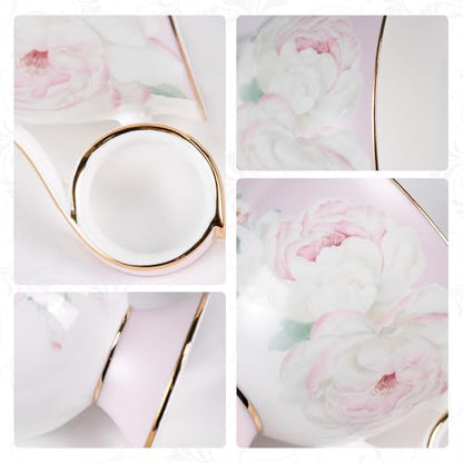 KAMMAK Tea Cups Set of 2,Ceramic Floral Pattern Demitasse Cup | Porcelain Espresso Cup with Saucer, 8.12 oz Handmade Elegant Bone China Tea Cups for Latte, Americano, Cappuccino - color: Sweet Dream & Lotus Melody