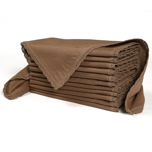 Ramanta Home Brown Linen Flax Cloth Napkins Set of 12, 18x18 Inches | Flax Lace Cotton Linen Reusable Decorative Scalloped Dinner Napkins with Mitered Corners for Weddings, Everyday Use - color: Brown, size: 18" x 18" (Set of 12)