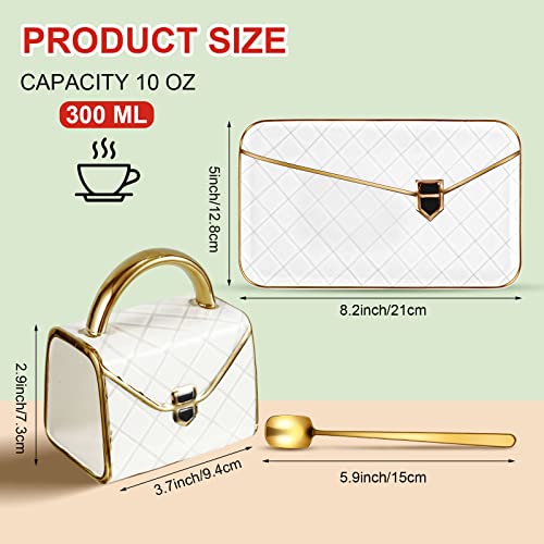 Zubebe 1 Set Coffee Mug Elegant Handbag Shaped Cup Modern Ceramic Purse Mug with Spoon and Saucer, 10oz Cute Creative Tea Cup for Woman Girls Gift (White) - color: White