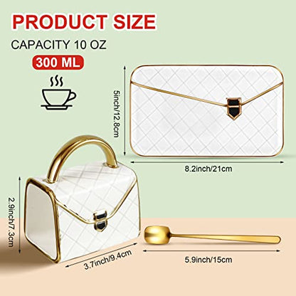 Zubebe 1 Set Coffee Mug Elegant Handbag Shaped Cup Modern Ceramic Purse Mug with Spoon and Saucer, 10oz Cute Creative Tea Cup for Woman Girls Gift (White) - color: White