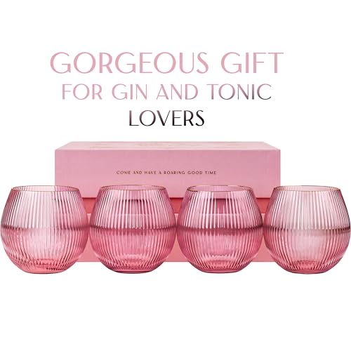GLASSIQUE CADEAU Vintage Blush Pink Art Deco Gin and Tonic Glasses with Gold Rims | Set of 4 | 13.5 oz Stemless Crystal Balloons for Drinking Gin Cocktails | Retro Gift Goblets for Gin Lovers