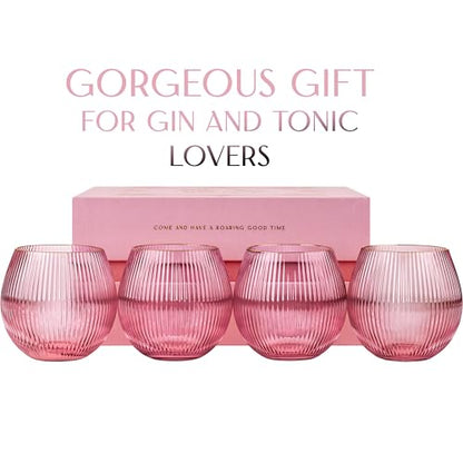 GLASSIQUE CADEAU Vintage Blush Pink Art Deco Gin and Tonic Glasses with Gold Rims | Set of 4 | 13.5 oz Stemless Crystal Balloons for Drinking Gin Cocktails | Retro Gift Goblets for Gin Lovers