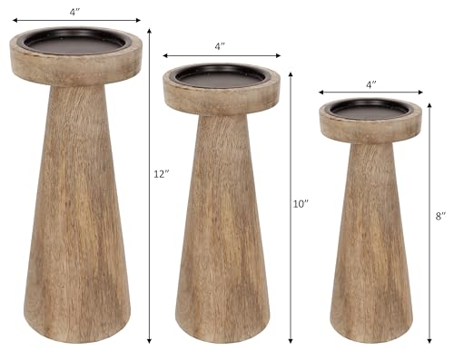 Set of 3 Pieces Wood Pillar Candle Holders, Mango Wooden Candlesticks Holders 12 Inch, 10 Inch, 8 Inch Height (Natural) - color: Natural