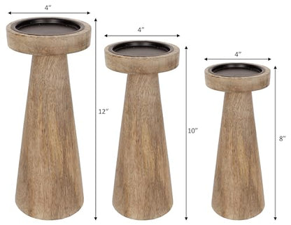 Set of 3 Pieces Wood Pillar Candle Holders, Mango Wooden Candlesticks Holders 12 Inch, 10 Inch, 8 Inch Height (Natural) - color: Natural