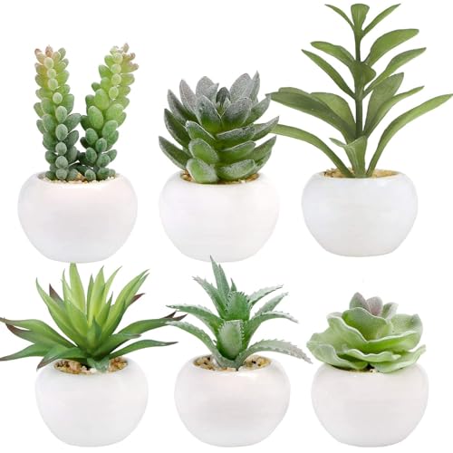 GREENTIME 6 Pcs Artificial Succulents in Ceramic Pots Small Fake Plants | Mini Faux Succulents Zero Maintenance for Indoor Bathroom Office Desk Bedroom Living Room Table Shelf Kitchen Windowsill - color: Green-white Round Pot