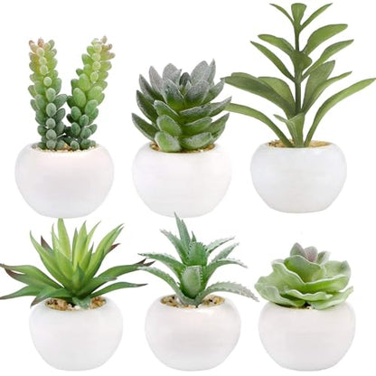 GREENTIME 6 Pcs Artificial Succulents in Ceramic Pots Small Fake Plants | Mini Faux Succulents Zero Maintenance for Indoor Bathroom Office Desk Bedroom Living Room Table Shelf Kitchen Windowsill - color: Green-white Round Pot