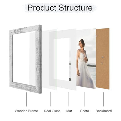 iRahmen 7x10 Picture Frame with Mat 5.5x8.5 - High Definition Real Glass Wooden Photo Frames for Tabletop Display and Wall Mounting (Distressed White, Set of 4) - color: Distressed White, size: 7X10