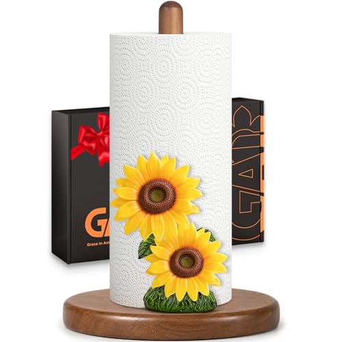 Sunflower Paper Towel Holder, Farmhouse Kitchen Countertop Decor | Cute Wood Paper Towel Stand, 3D Resin Sunflower Gifts for Women, Mom & Grandma, Non-Slip Base, Fits Standard & Jumbo Rolls - color: Sunflower