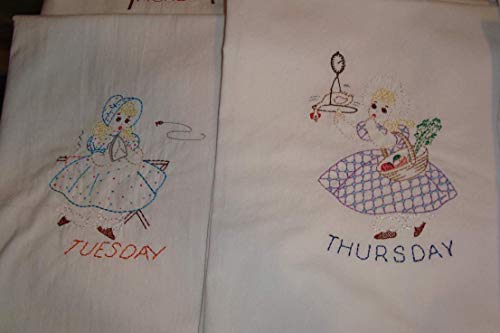 Sunbonnet Sue Days of the Week floour sack dish towels, tea towels, machine embroidery