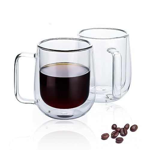 2 Pack Double Wall Insulated Coffee Mugs 8 oz | Clear glass coffee mugs espresso with handle Perfect for Americano, Latte, Cappuccino, Espresso, Beverage and Tea