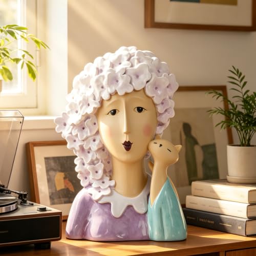 DiliComing Women-Head Statues for Home Decor 13 Inch Modern Art Statue | Resin Material Purple Garden Statue For Livingroom Tabletop Bedroom Office, Women Gift - color: Women & Cat Purple