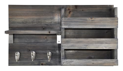 Wall-Mounted Key Holder Hooks - Rustic Wood Weathered Grey & Black - Entryway Organizer for Mail, Leashes, and Purses - Floating Shelf, 16.5” W x 9.75" H x 4.5” D - color: Weathered Grey & Black Organizer & Wood Shelf