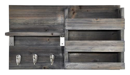 Wall-Mounted Key Holder Hooks - Rustic Wood Weathered Grey & Black - Entryway Organizer for Mail, Leashes, and Purses - Floating Shelf, 16.5” W x 9.75" H x 4.5” D - color: Weathered Grey & Black Organizer & Wood Shelf