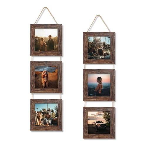 5x5 Collage Picture Frames Set of 2, Rustic Wooden Real Glass Vertical Hanging 3 Opening 5 by 5 Photo Frame, Distressed Brown - color: Distressed Brown, size: Vertical-5x5 in