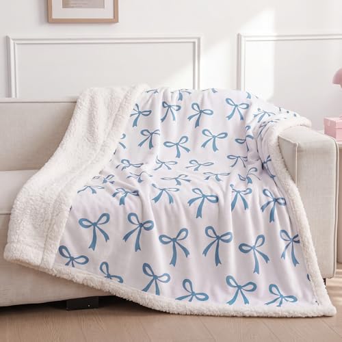 Tegeme Blue Bow Throw Blanket Sherpa Fleece Preppy Coquette Flannel Bow Blanket for Teen Girls Room Back to School Gift White Plush 50" x 60" Aesthetic Soft Bedding for College Dorm Bed Sofa Couch - color: Blue