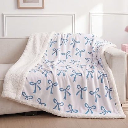 Tegeme Blue Bow Throw Blanket Sherpa Fleece Preppy Coquette Flannel Bow Blanket for Teen Girls Room Back to School Gift White Plush 50" x 60" Aesthetic Soft Bedding for College Dorm Bed Sofa Couch - color: Blue
