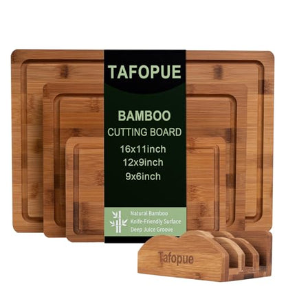 Cutting Board Set with Holder, Space Saving Kitchen Bamboo Chopping Boards, Build in Juice Groove and Grip Handle, Durable Wooden Serving Board for Meal Prep & Charcuterie, Gift Idea - color: Carbonized Bamboo, size: Set of 3 | Small + Medium + Large