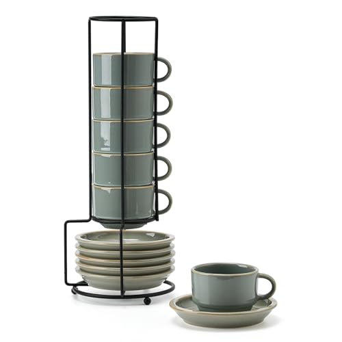 JIEMEI HOME Porcelain Stackable Espresso Cups with Saucers and Metal Stand, 4 Ounce Demitasse Cups for Latte, Cafe Mocha, Tea - Set of 6, Reactive Glaze, Wild Sage Earth Speckle - color: Wild Sage Earth Speckle