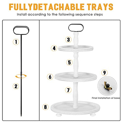 Urban Deco Wooden Tiered Tray 3-Tier Decorative Tray Stand Farmhouse Serving Tray, Round Wooden Cupcake Display Stand with Metal Handle, White Tiered Fruits Tray for Home Party Decorations - style: 3 tier-white