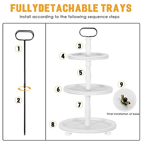 Urban Deco Wooden Tiered Tray 3-Tier Decorative Tray Stand Farmhouse Serving Tray, Round Wooden Cupcake Display Stand with Metal Handle, White Tiered Fruits Tray for Home Party Decorations - style: 3 tier-white