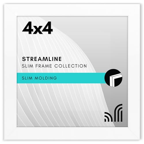 Americanflat 4x4 Picture Frame - Slim Molding - White | Shatter-resistant glass, wall or tabletop display with included easel, triangle hangers included, secure turn-tab backing - color: White, size: 4x4