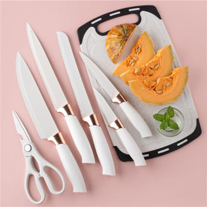 19 Pieces Kitchen Cooking Utensils and Knife Set with Holder Block, Include 11 Pcs Silicone Cooking Utensils 5 Pcs Sharp Stainless Steel Knives Scissors Whisk Tongs and Cutting Board (WHITE) - color: White