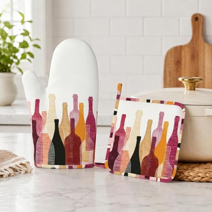 Red Wine Bottle Oven Mitts and Pot Holders Sets Non-Slip Silicone Surface for BBQ Gloves,Kitchen,Cooking,Baking,Grilling - color: Red Wine Bottle