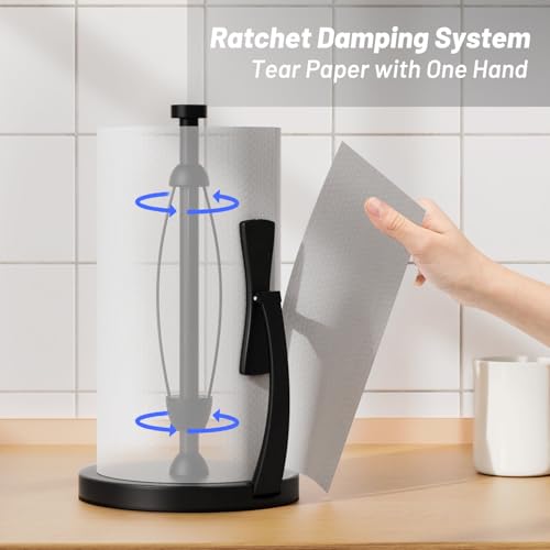 VEHHE Paper Towel Holder Countertop, One-Handed Tear, Stainless Steel, Stand Paper Towel Holder with Spring Activated Arm & Non Slip Weighted Base, for Kitchen Bathroom (Black) - color: Black, size: Eva Pad Base