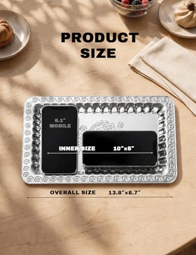 4 Pack Silver Serving Trays Set - 13.8 x 8.7 inch Lightweight Mirror Decorative Trays with Swirl Floral Engraving, Rectangular Platters for Party, Wedding, Dessert, Appetizers, Coffee & Charcuterie - size: 13.8" x 8.7"