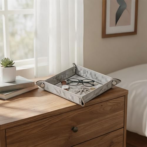 Valet Tray Desktop Storage Organizer – Vegan Leather Catchall Bedside Vanity Tray Nightstand Caddy Holder for Remote Controller, Watch, Keys, Phone, Wallet, Coin, Jewelry, Marble White - color: Marble White